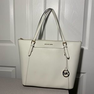 Large, white Michael Kors zip-top tote